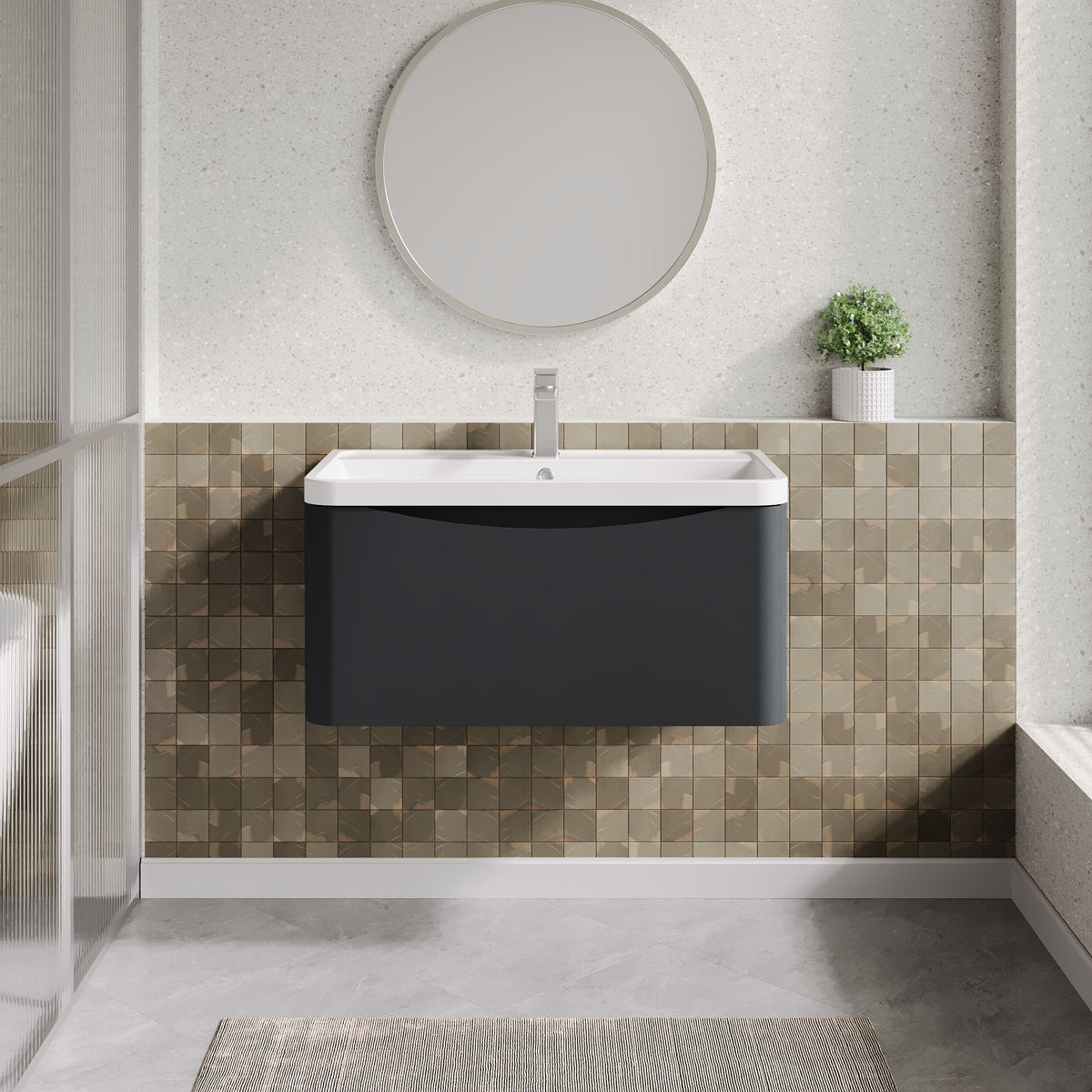 Modern Splash 800mm Soft Black 1 Drawer Wall Hung Vanity Unit With Polymarble Basin
