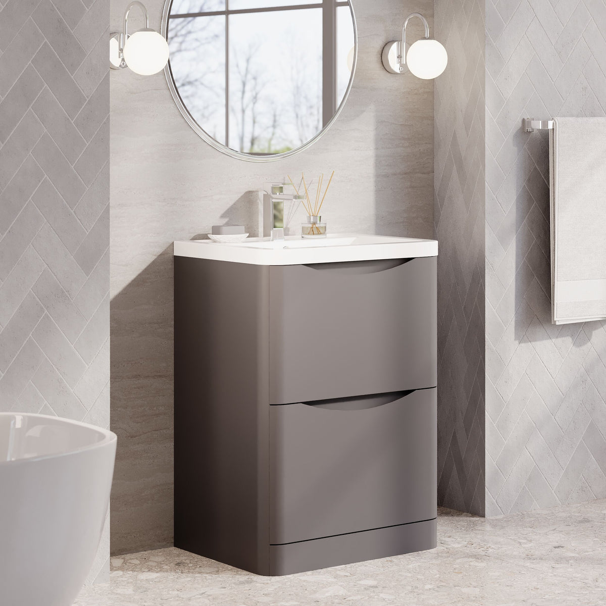 Modern Splash 600mm Satin Grey 2 Drawer Floor Standing Vanity Unit With Basin