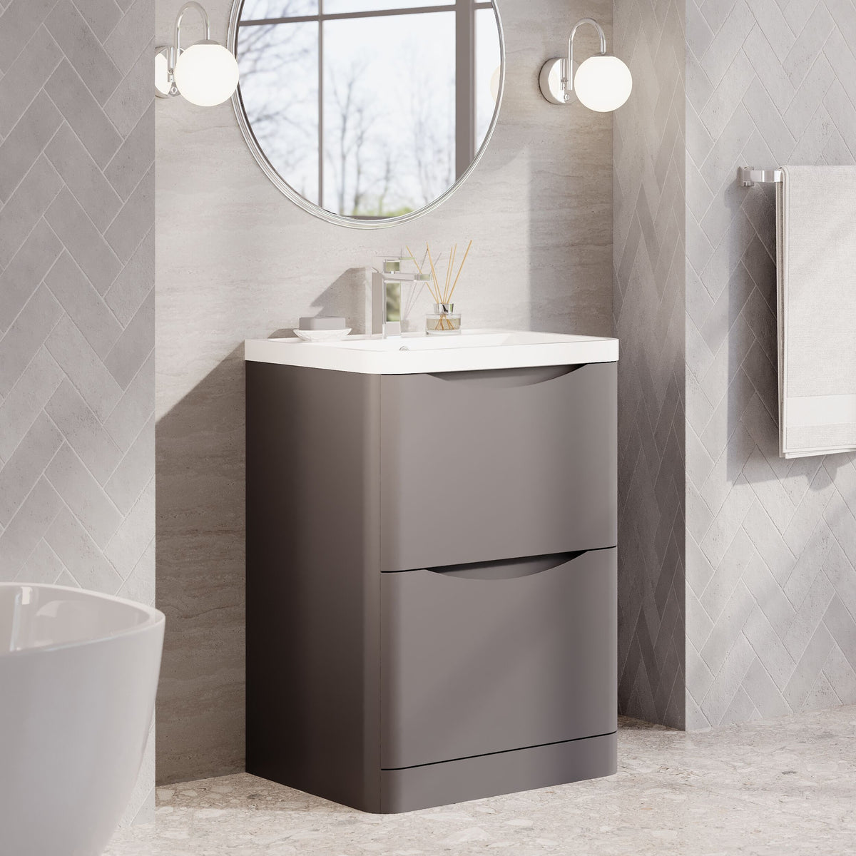 Modern Splash 600mm Satin Grey 2 Drawer Floor Standing Vanity Unit With Polymarble Basin
