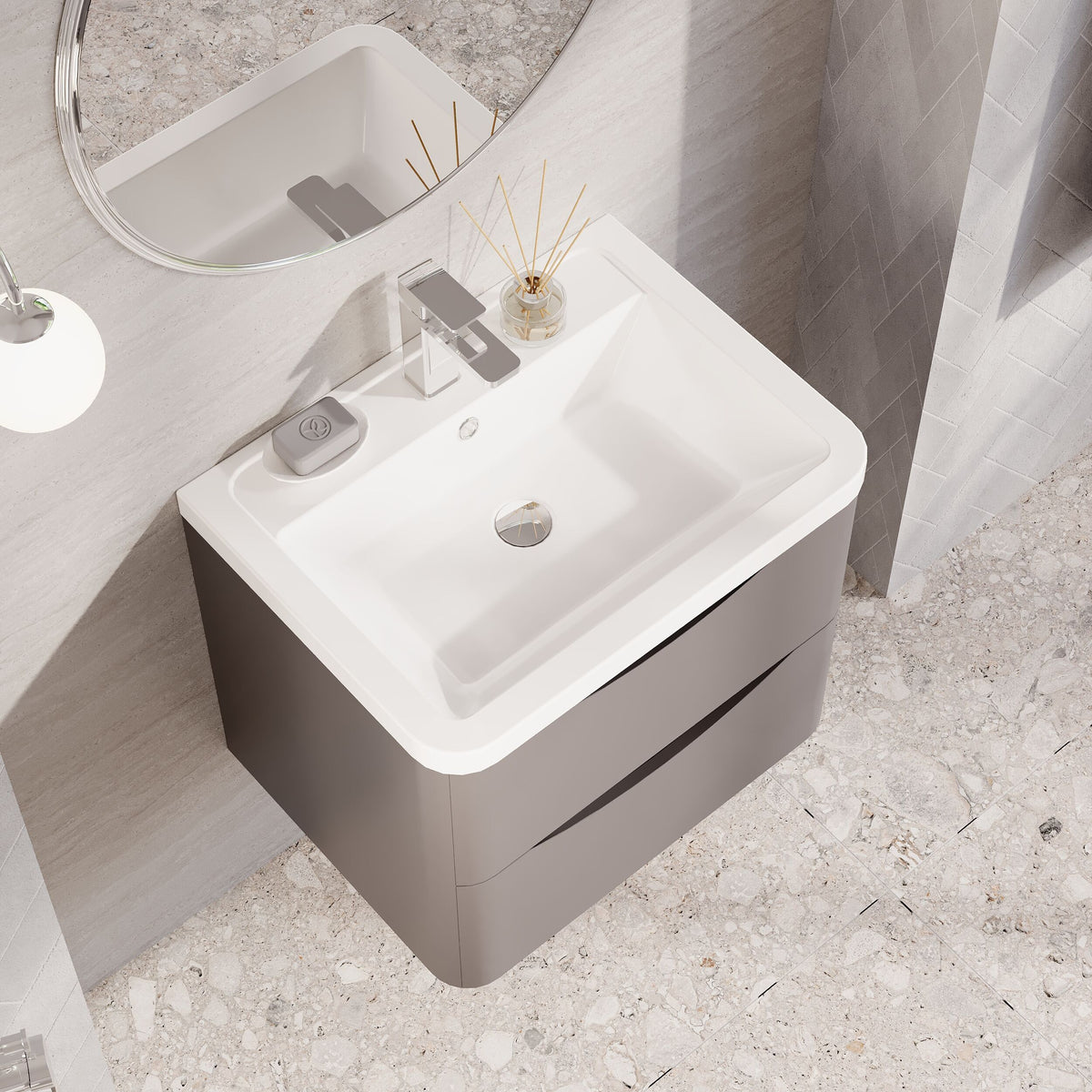 Modern Splash 600mm Satin Grey 2 Drawer Wall Hung Vanity Unit With Basin