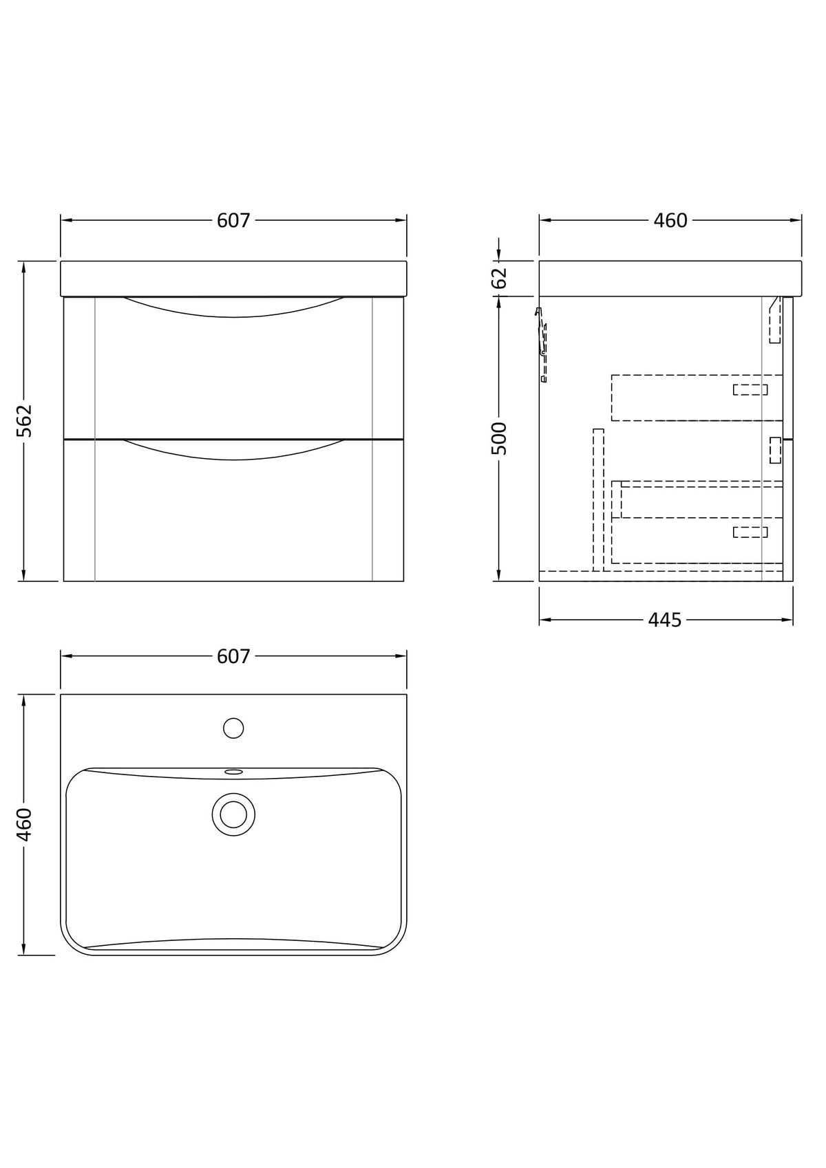 Modern Splash 600mm Satin Grey 2 Drawer Wall Hung Vanity Unit With Thin Edge Basin