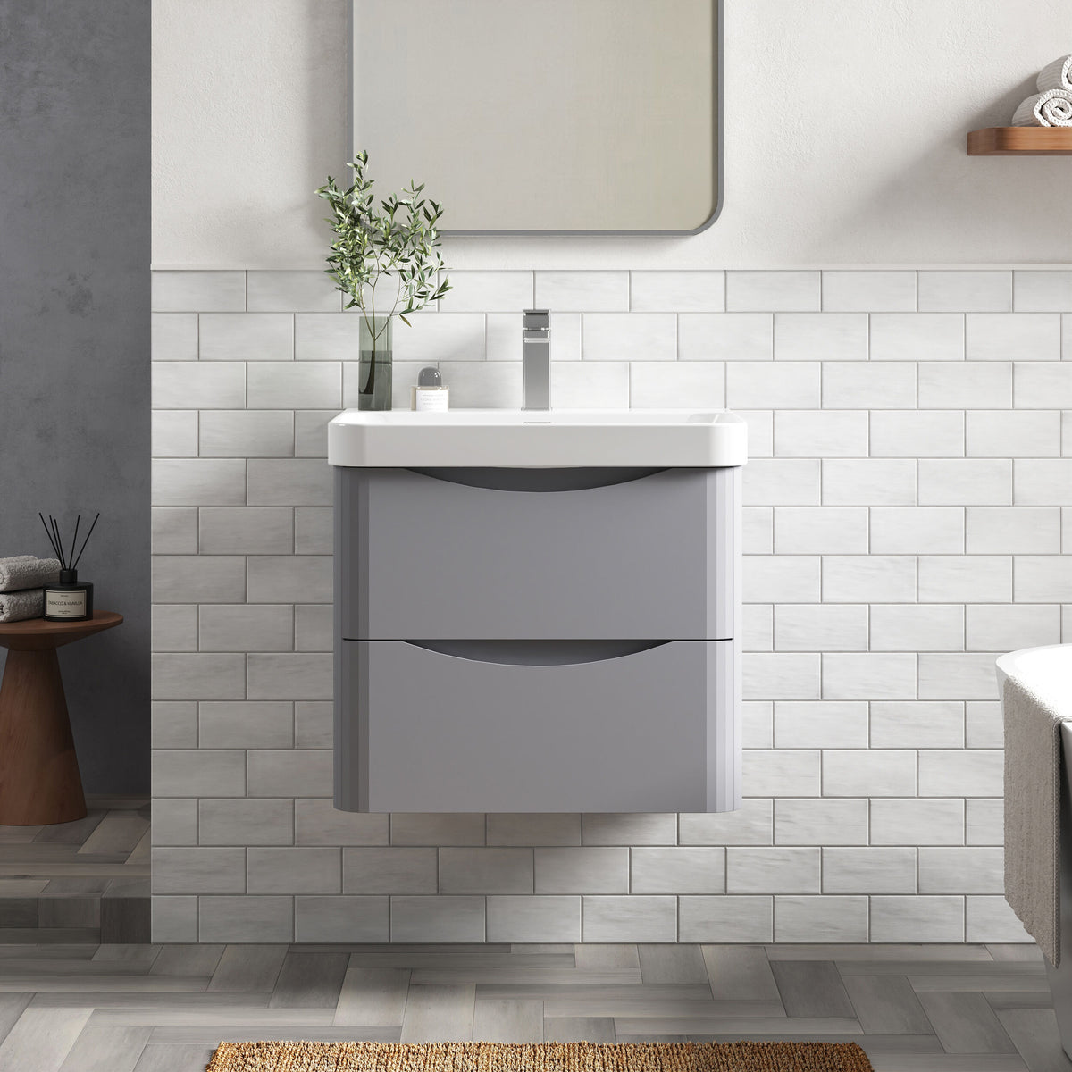 Modern Splash 600mm Satin Grey 2 Drawer Wall Hung Vanity Unit With Thin Edge Basin