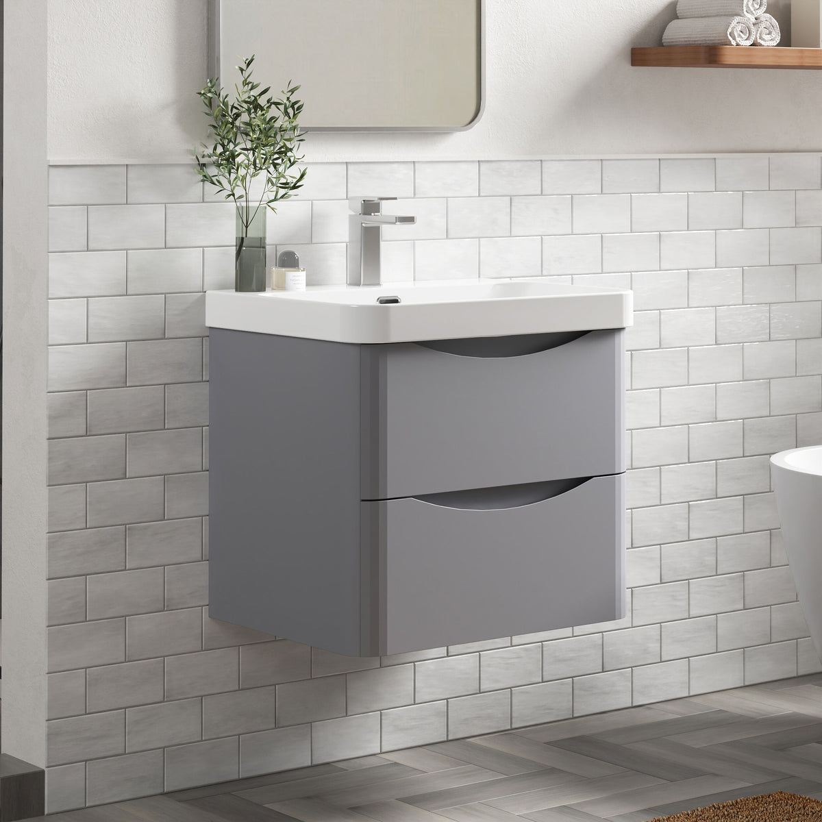 Modern Splash 600mm Satin Grey 2 Drawer Wall Hung Vanity Unit With Thin Edge Basin