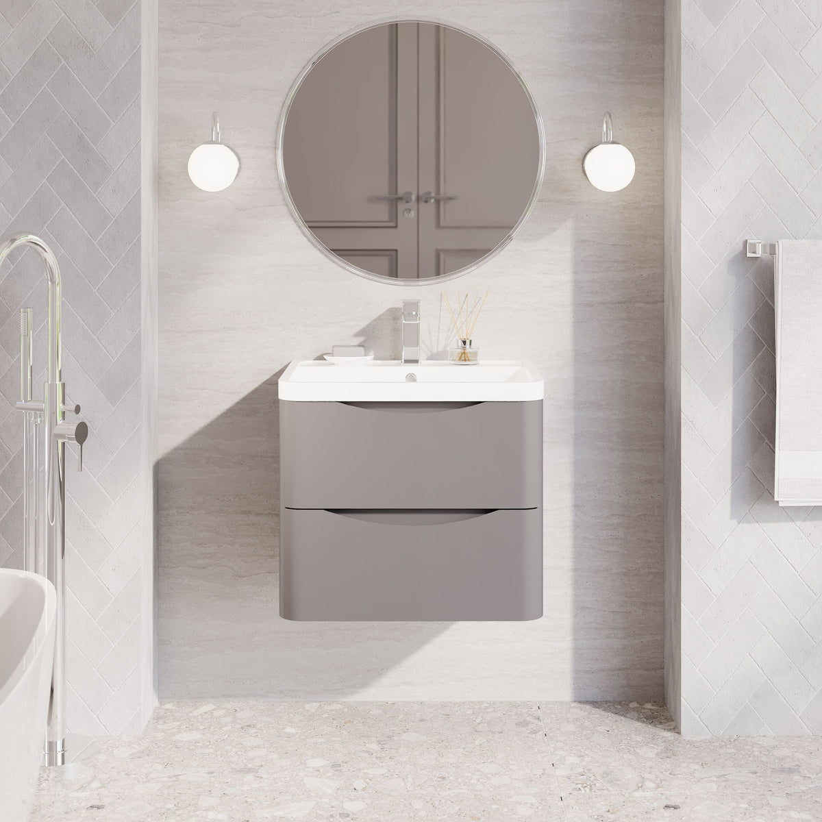 Modern Splash 600mm Satin Grey 2 Drawer Wall Hung Vanity Unit With Polymarble Basin