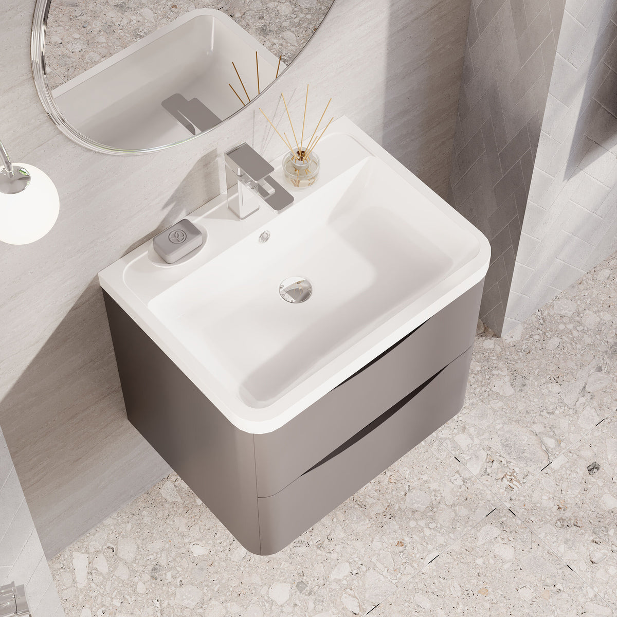 Modern Splash 600mm Satin Grey 2 Drawer Wall Hung Vanity Unit With Polymarble Basin