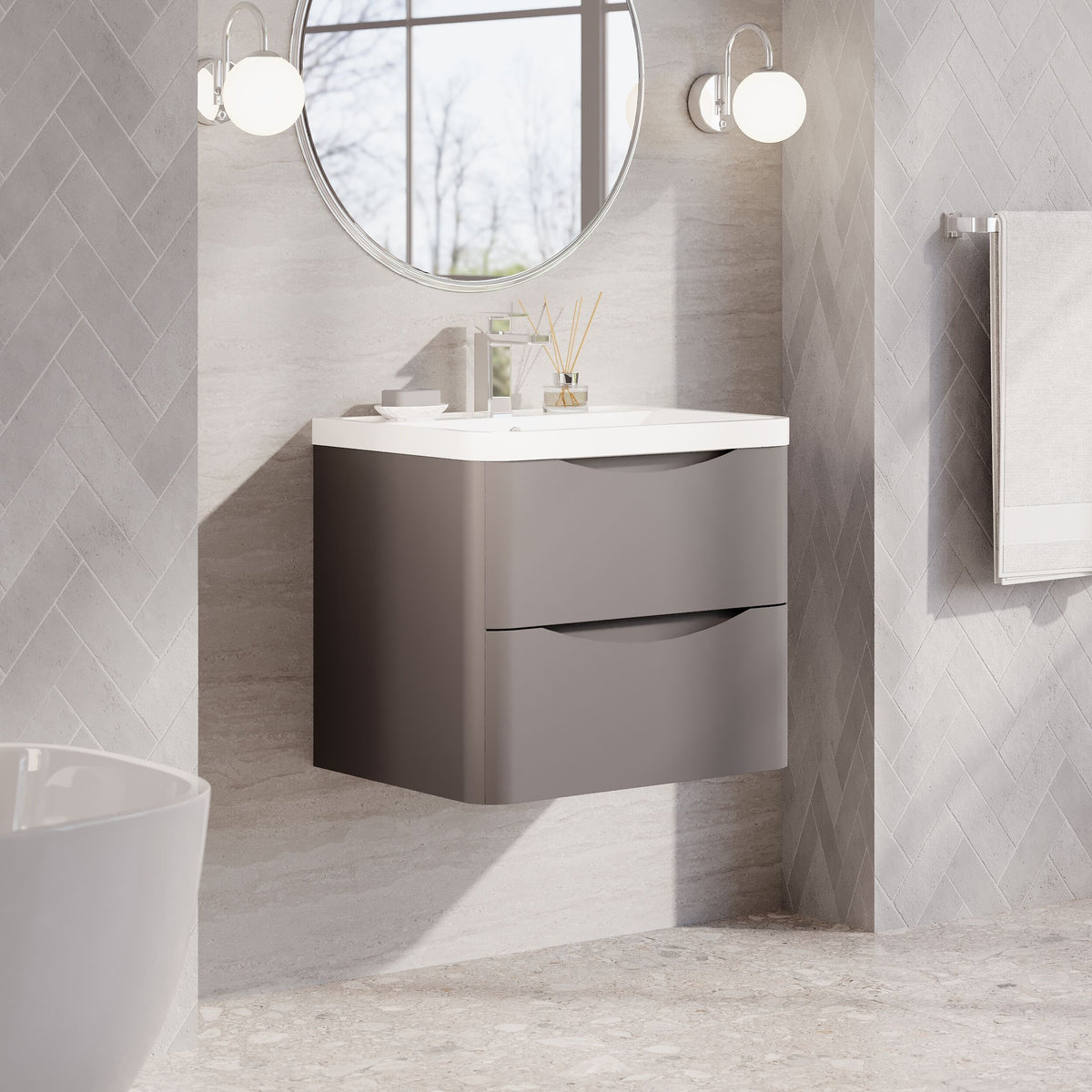 Modern Splash 600mm Satin Grey 2 Drawer Wall Hung Vanity Unit With Polymarble Basin