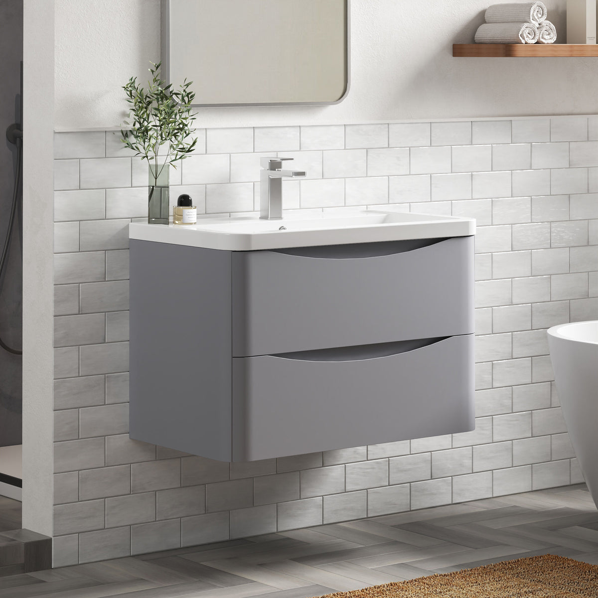 Modern Splash 800mm Satin Grey 2 Drawer Wall Hung Vanity Unit With Basin