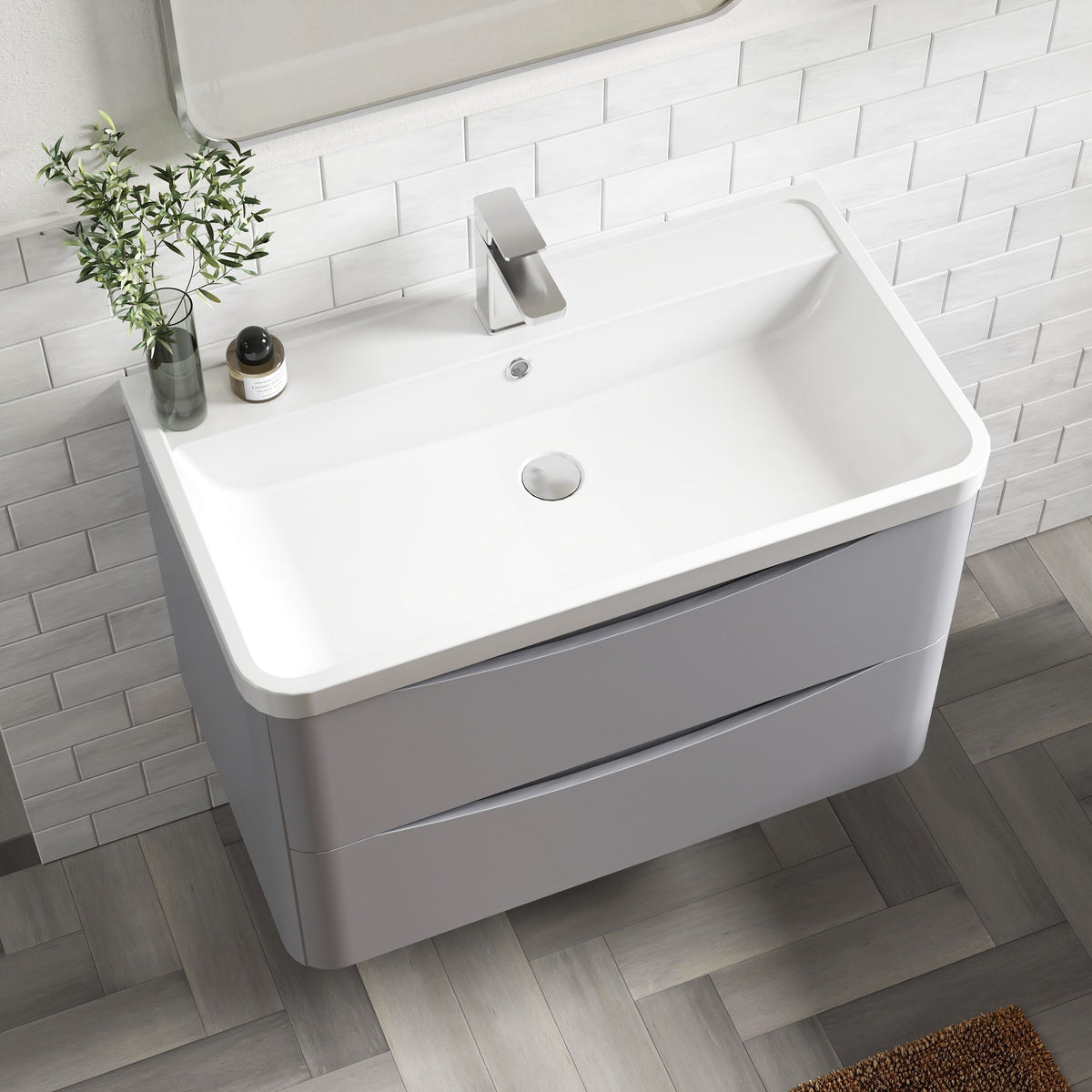 Modern Splash 800mm Satin Grey 2 Drawer Wall Hung Vanity Unit With Polymarble Basin