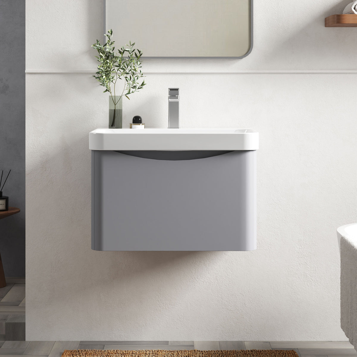 Modern Splash 600mm Satin Grey 1 Drawer Wall Hung Vanity Unit With Thin Edge Basin
