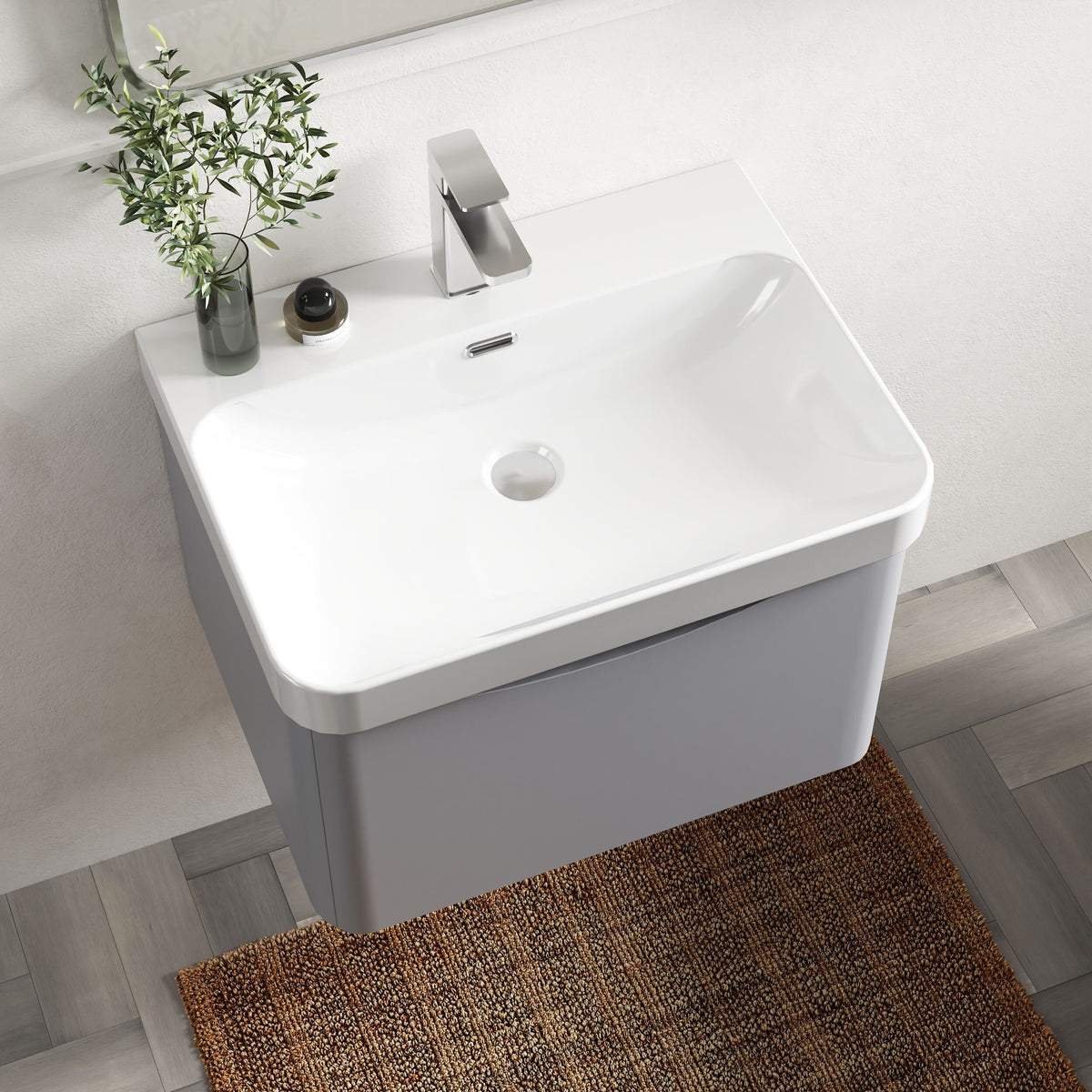 Modern Splash 600mm Satin Grey 1 Drawer Wall Hung Vanity Unit With Thin Edge Basin