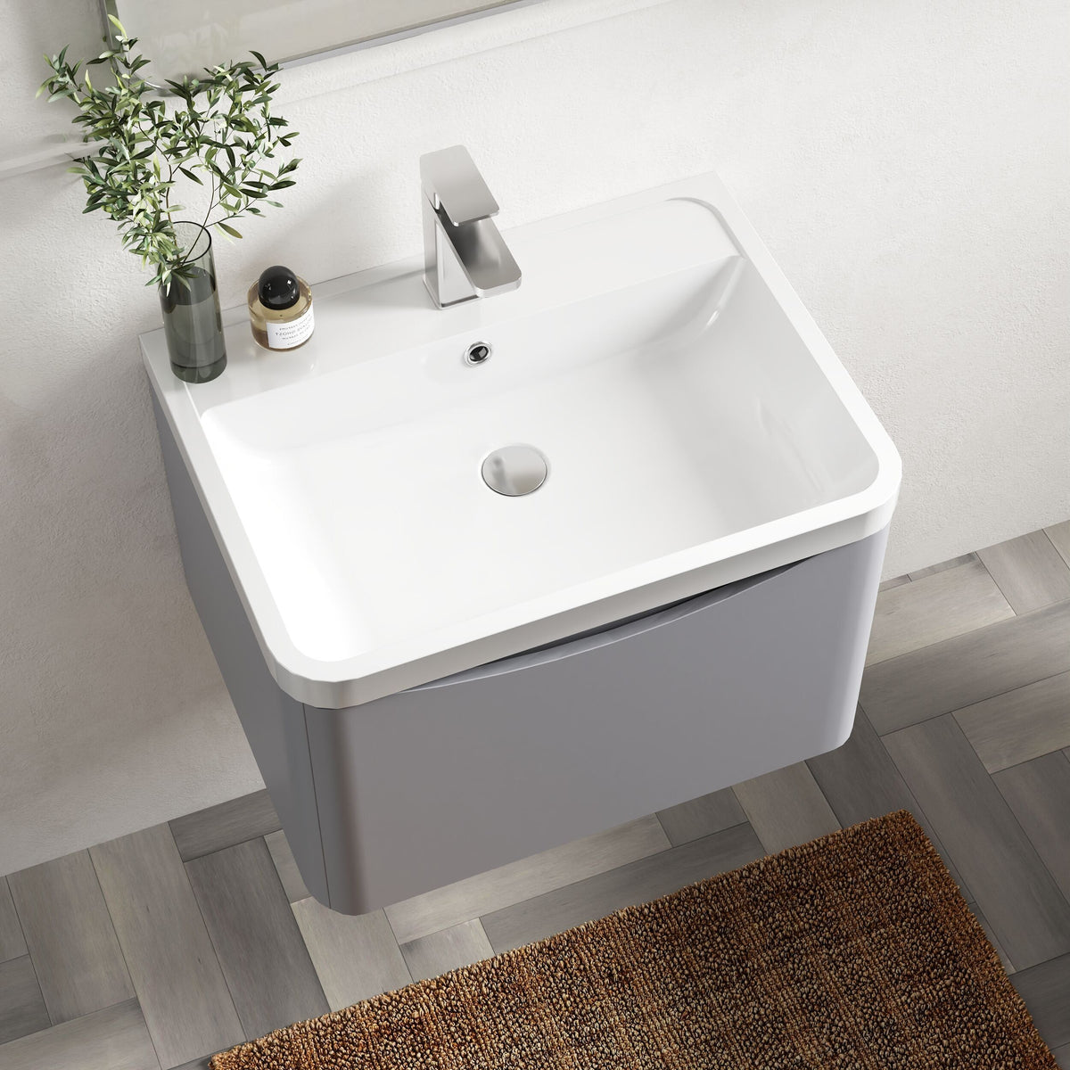 Modern Splash 600mm Satin Grey 1 Drawer Wall Hung Vanity Unit With Polymarble Basin