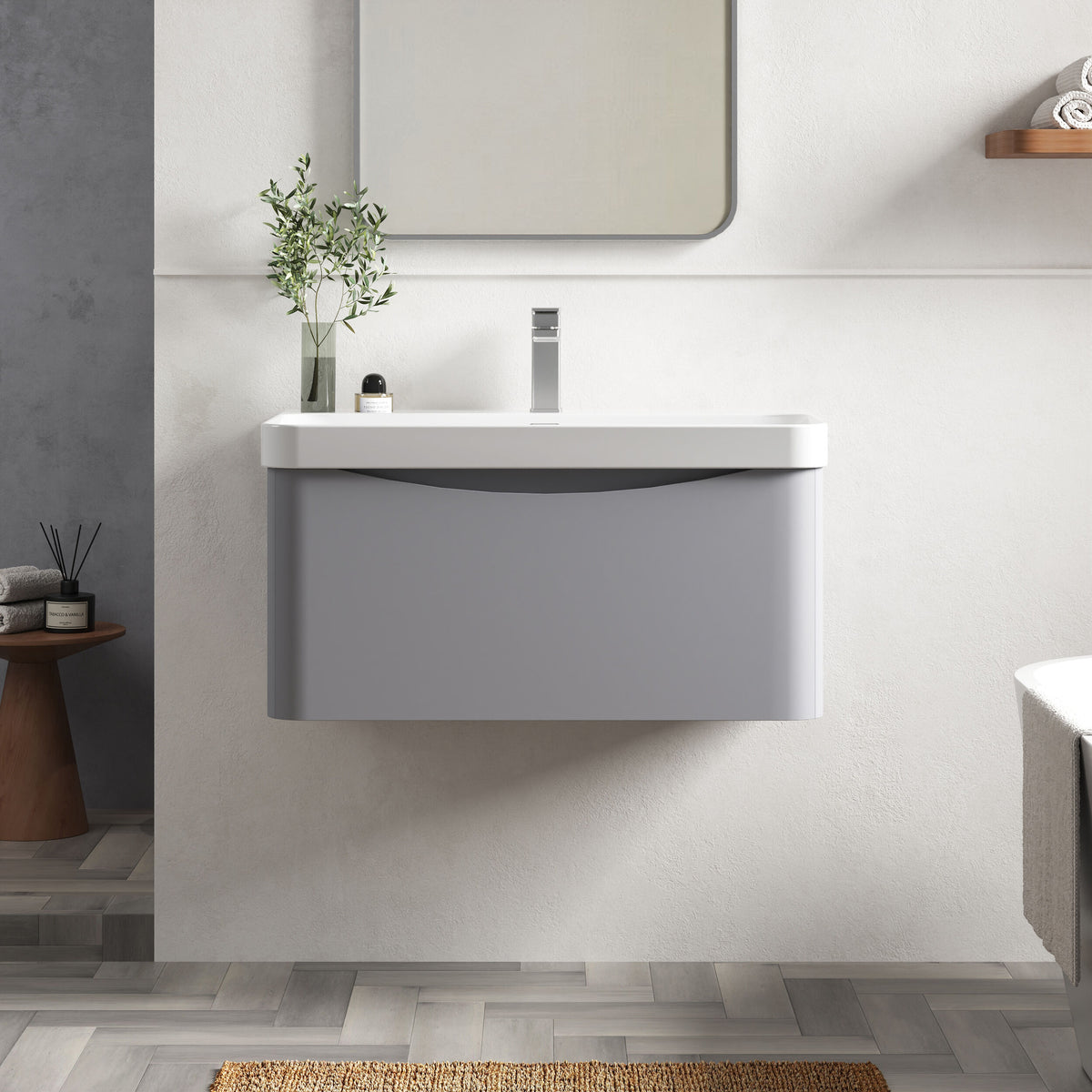 Modern Splash 800mm Satin Grey 1 Drawer Wall Hung Vanity Unit With Thin Edge Basin