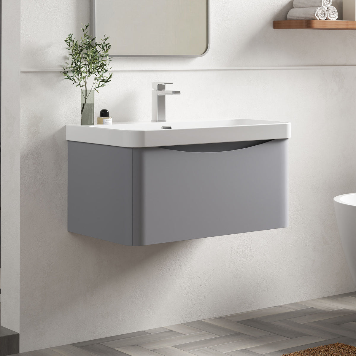Modern Splash 800mm Satin Grey 1 Drawer Wall Hung Vanity Unit With Thin Edge Basin
