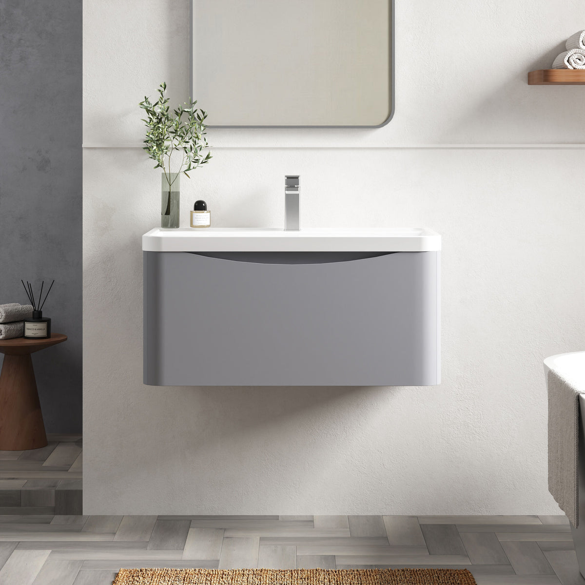 Modern Splash 800mm Satin Grey 1 Drawer Wall Hung Vanity Unit With Polymarble Basin