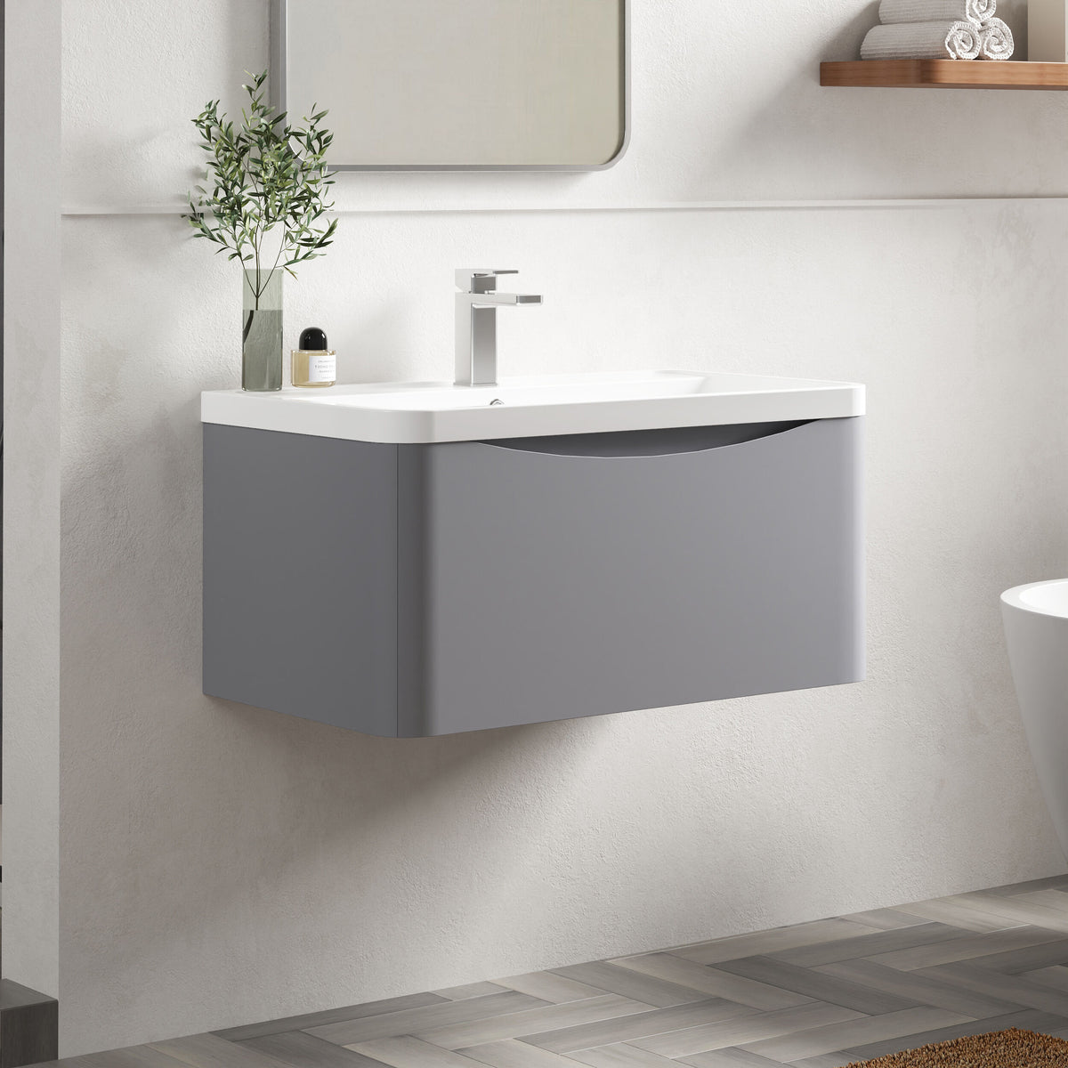 Modern Splash 800mm Satin Grey 1 Drawer Wall Hung Vanity Unit With Polymarble Basin