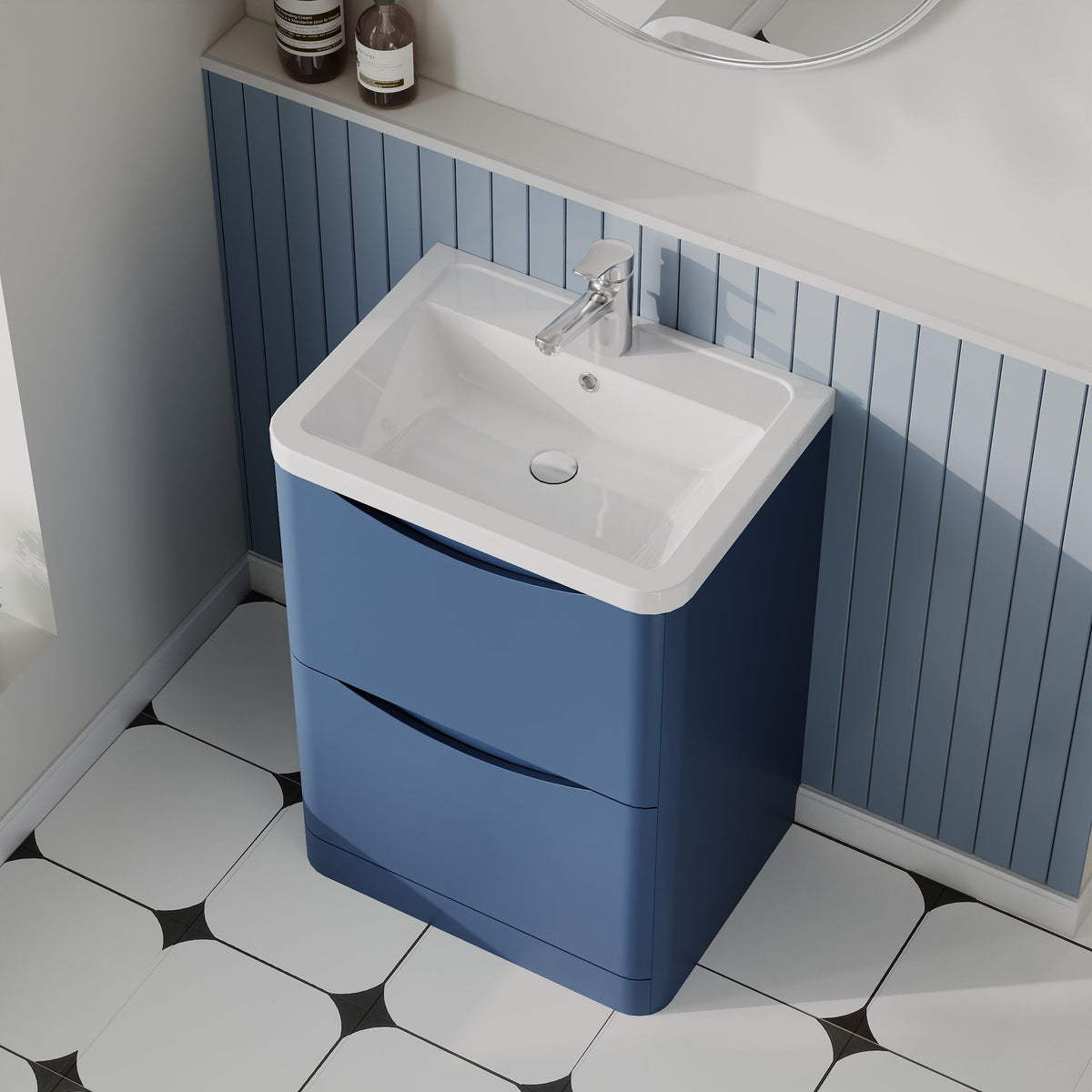 Modern Splash 600mm Satin Blue 2 Drawer Floor Standing Vanity Unit With Basin
