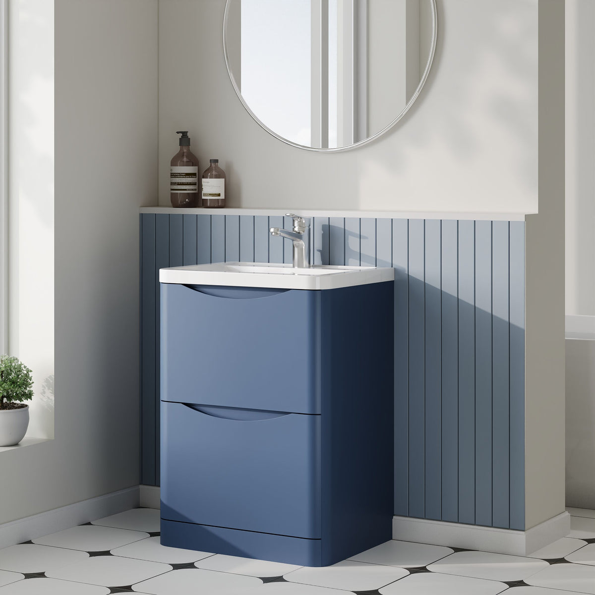 Modern Splash 600mm Satin Blue 2 Drawer Floor Standing Vanity Unit With Basin