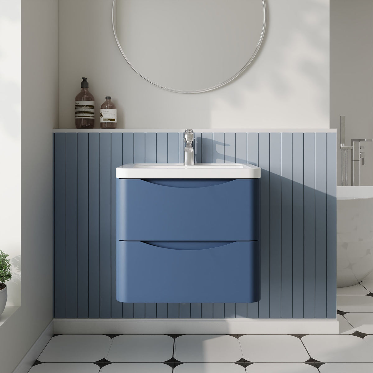 Modern Splash 600mm Satin Blue 2 Drawer Wall Hung Vanity Unit With Basin