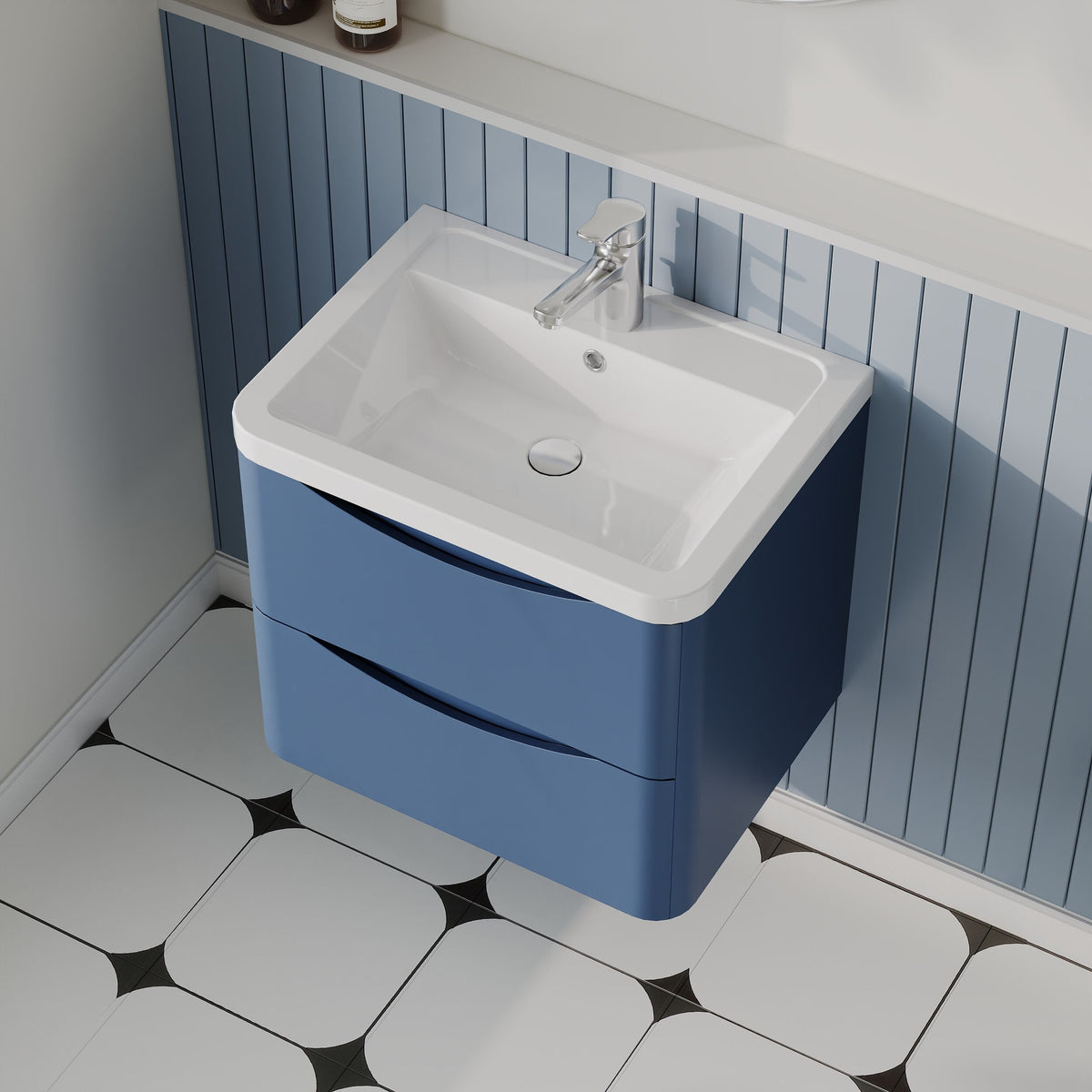 Modern Splash 600mm Satin Blue 2 Drawer Wall Hung Vanity Unit With Basin