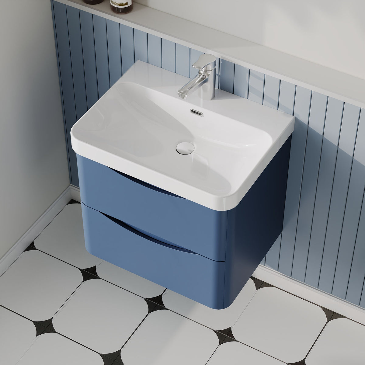 Modern Splash 600mm Satin Blue 2 Drawer Wall Hung Vanity Unit With Thin Edge Basin