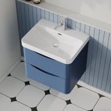 Modern Splash 600mm Satin Blue 2 Drawer Wall Hung Vanity Unit With Thin Edge Basin