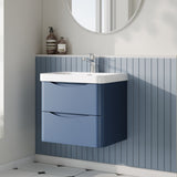 Modern Splash 600mm Satin Blue 2 Drawer Wall Hung Vanity Unit With Thin Edge Basin