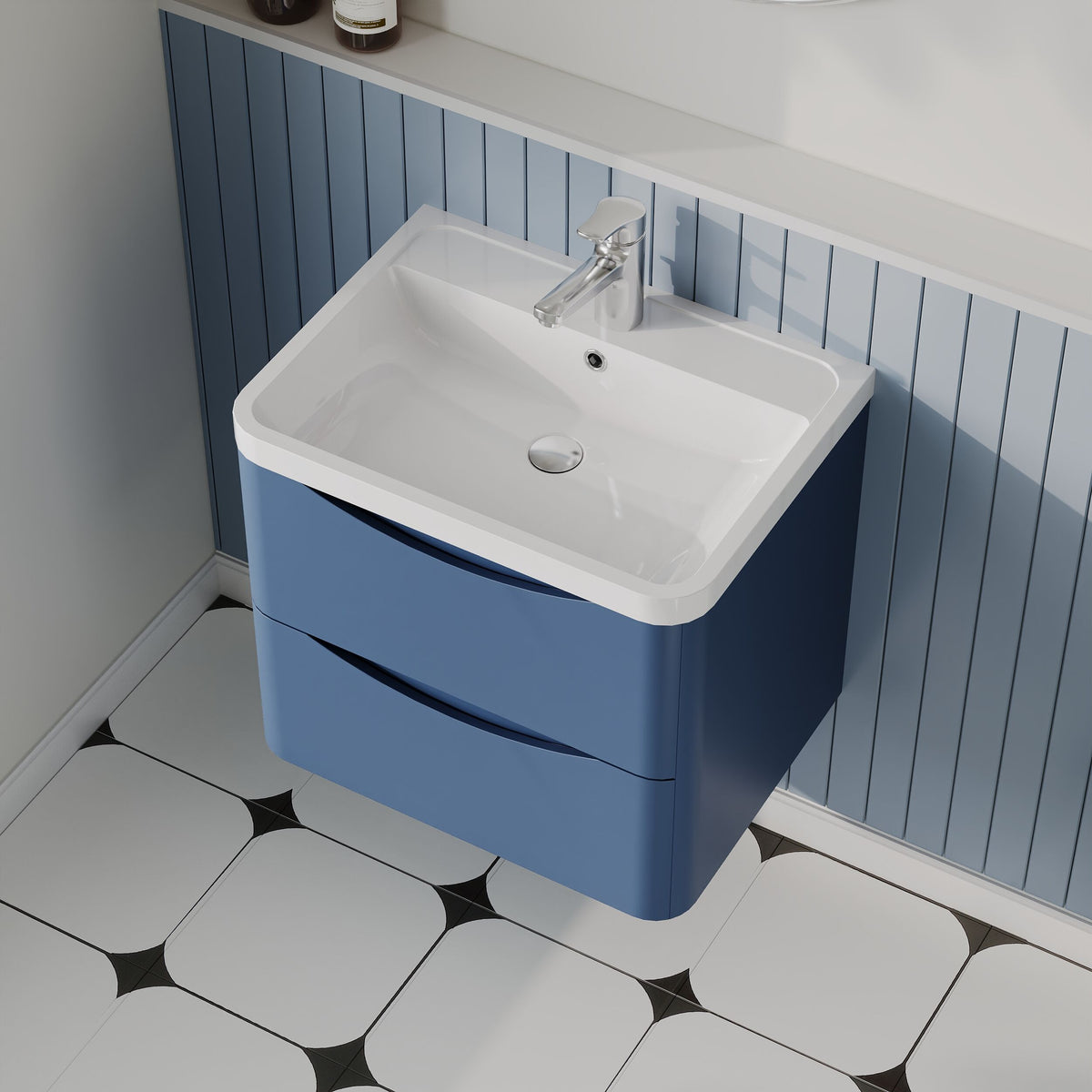 Modern Splash 600mm Satin Blue 2 Drawer Wall Hung Vanity Unit With Polymarble Basin