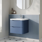 Modern Splash 600mm Satin Blue 2 Drawer Wall Hung Vanity Unit With Polymarble Basin