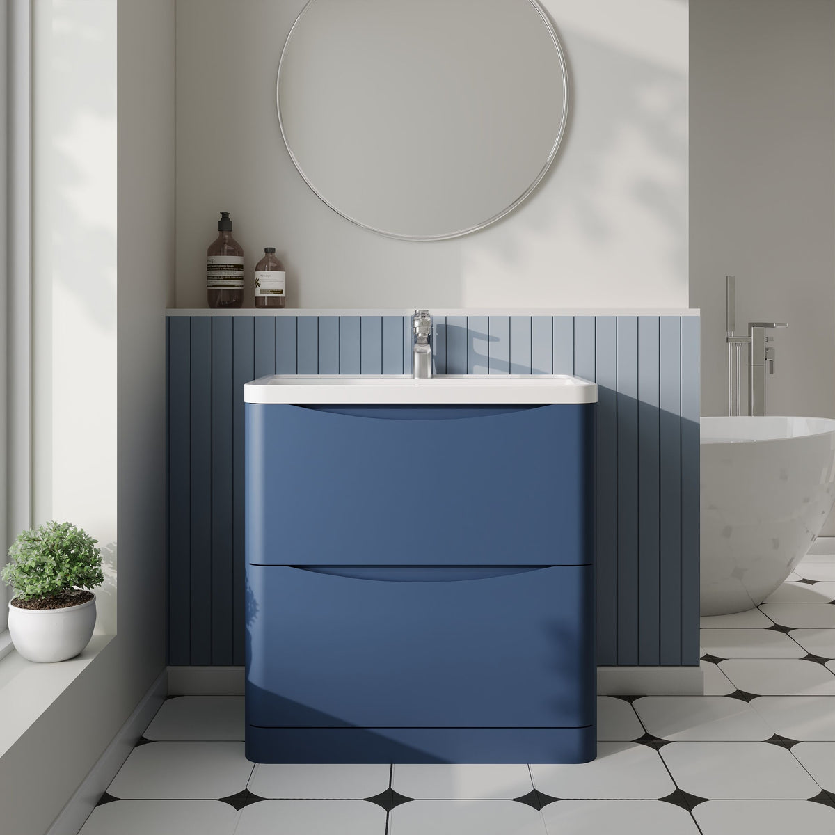 Modern Splash 800mm Satin Blue 2 Drawer Floor Standing Vanity Unit With Polymarble Basin
