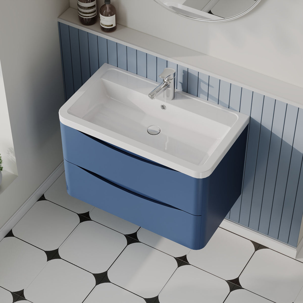 Modern Splash 800mm Satin Blue 2 Drawer Wall Hung Vanity Unit With Basin