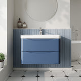 Modern Splash 800mm Satin Blue 2 Drawer Wall Hung Vanity Unit With Thin Edge Basin