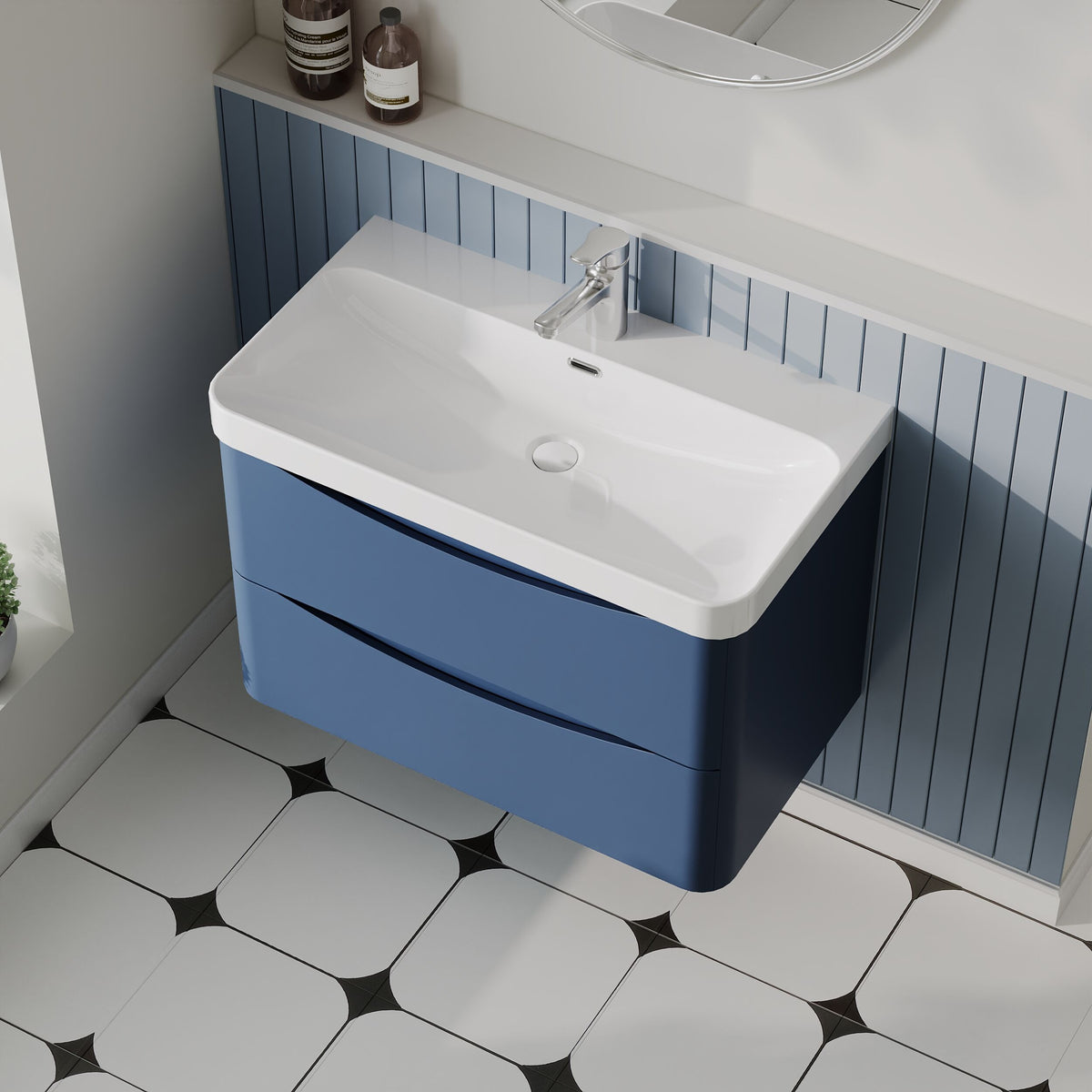 Modern Splash 800mm Satin Blue 2 Drawer Wall Hung Vanity Unit With Thin Edge Basin