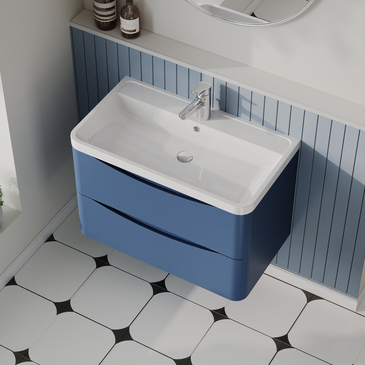 Modern Splash 800mm Satin Blue 2 Drawer Wall Hung Vanity Unit With Polymarble Basin