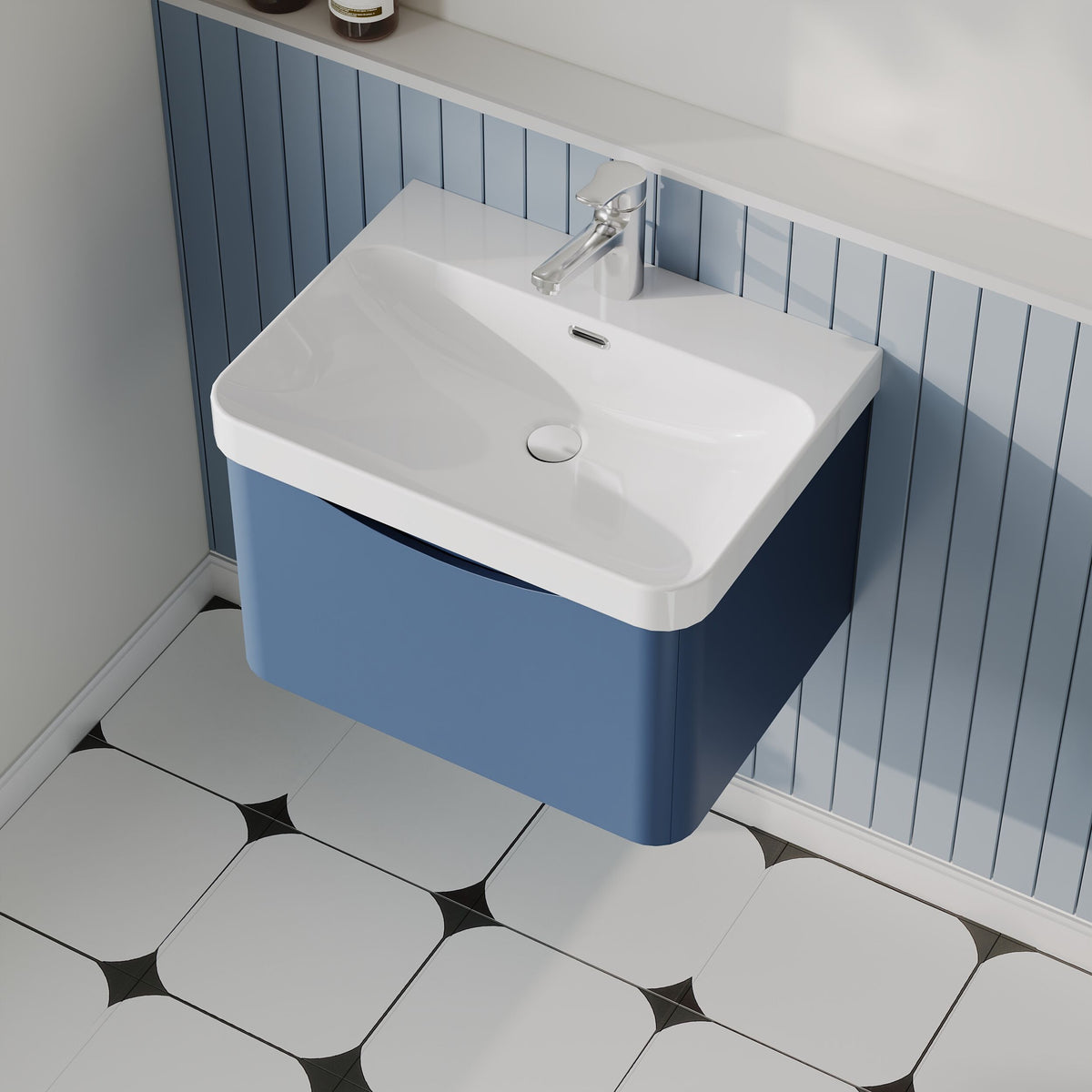 Modern Splash 600mm Satin Blue 1 Drawer Wall Hung Vanity Unit With Thin Edge Basin