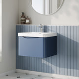 Modern Splash 600mm Satin Blue 1 Drawer Wall Hung Vanity Unit With Thin Edge Basin