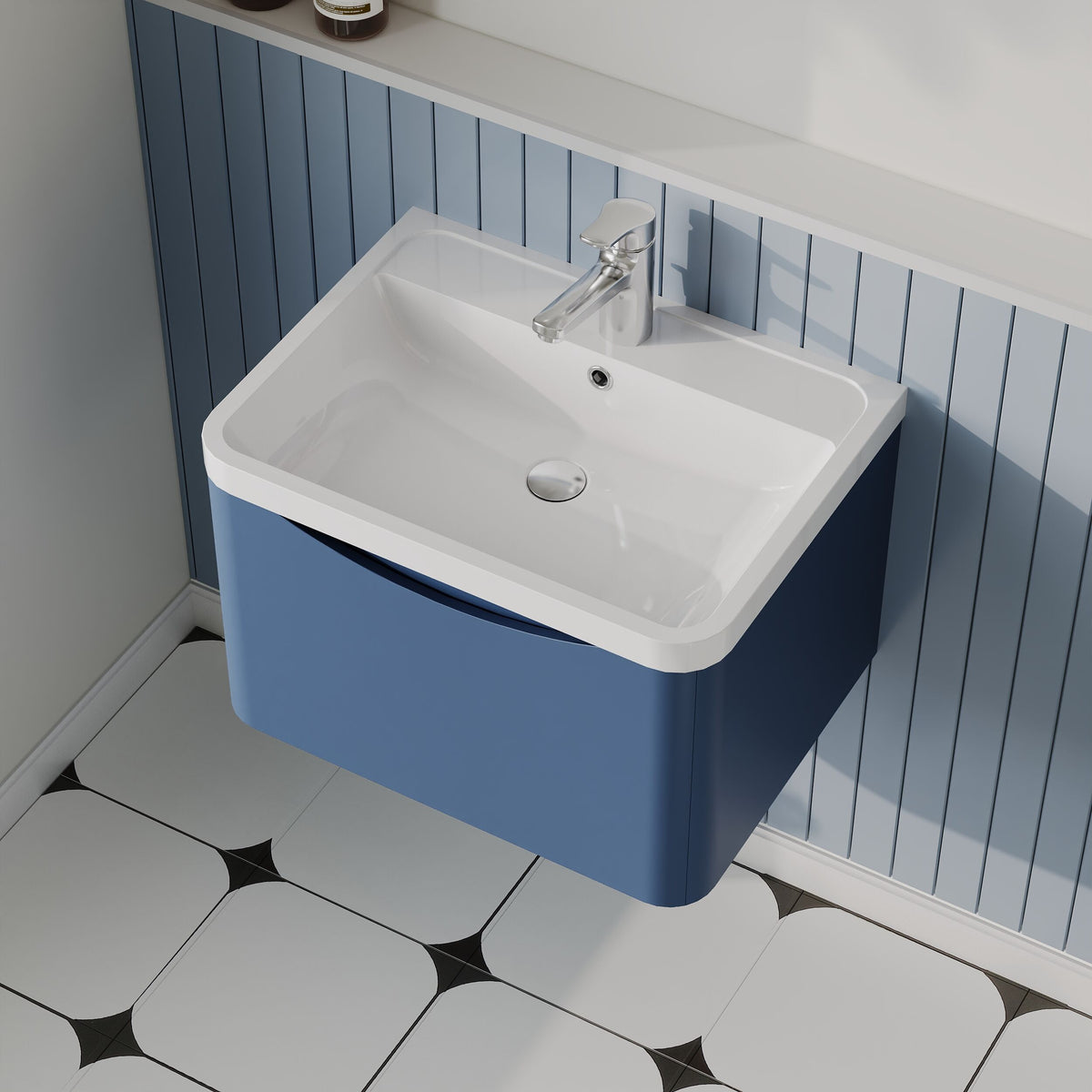 Modern Splash 600mm Satin Blue 1 Drawer Wall Hung Vanity Unit With Polymarble Basin