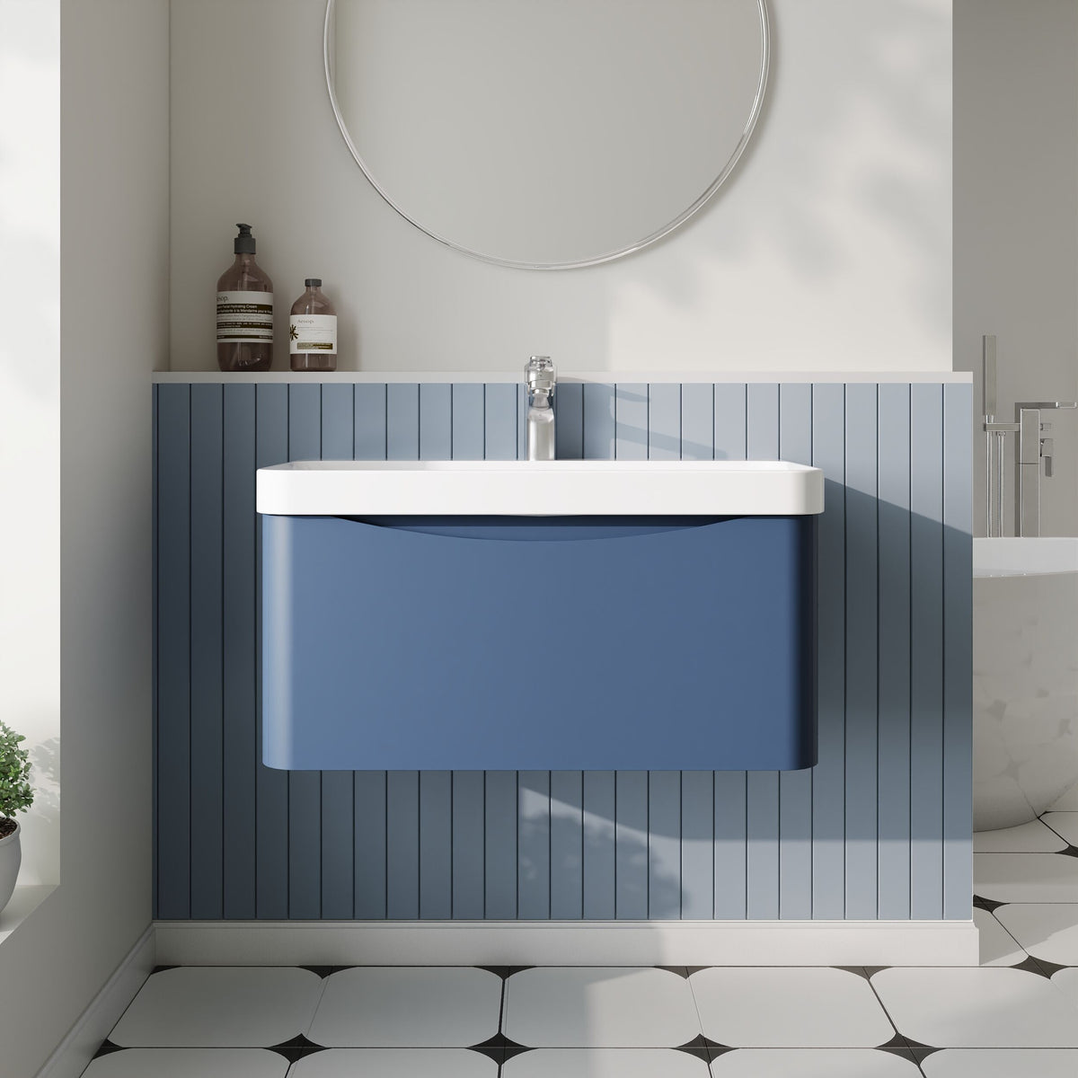Modern Splash 800mm Satin Blue 1 Drawer Wall Hung Vanity Unit With Thin Edge Basin