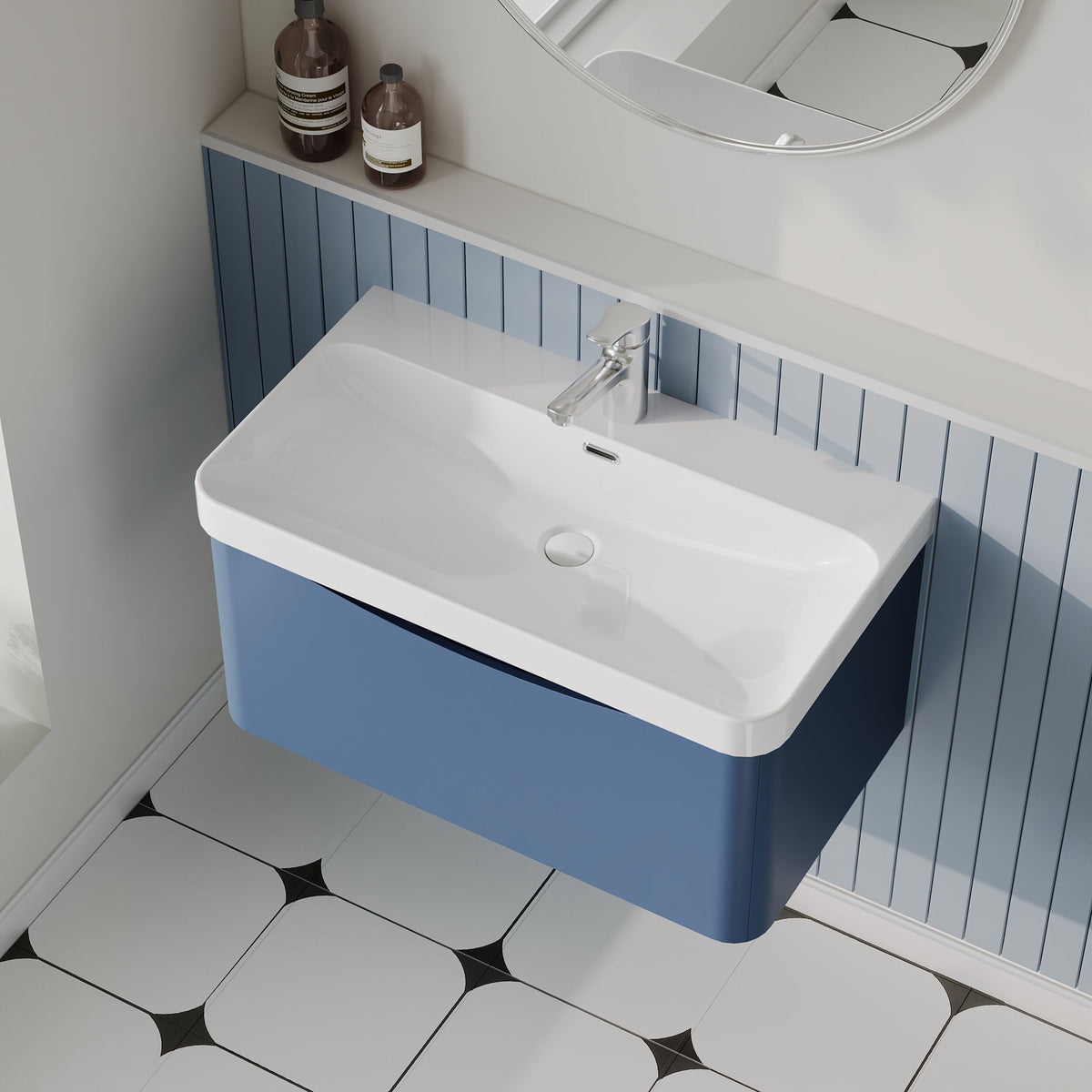 Modern Splash 800mm Satin Blue 1 Drawer Wall Hung Vanity Unit With Thin Edge Basin