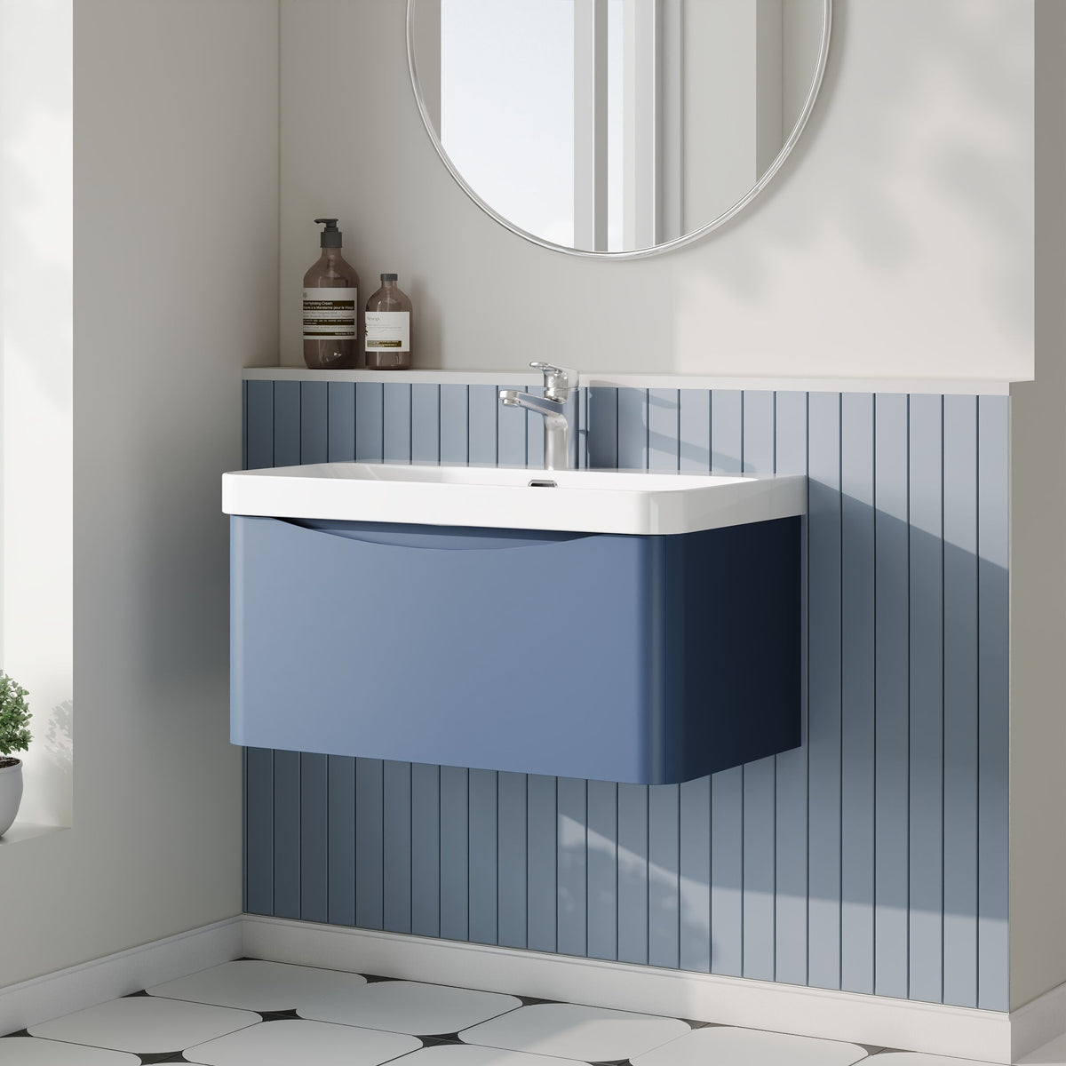 Modern Splash 800mm Satin Blue 1 Drawer Wall Hung Vanity Unit With Thin Edge Basin