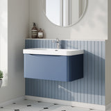 Modern Splash 800mm Satin Blue 1 Drawer Wall Hung Vanity Unit With Thin Edge Basin