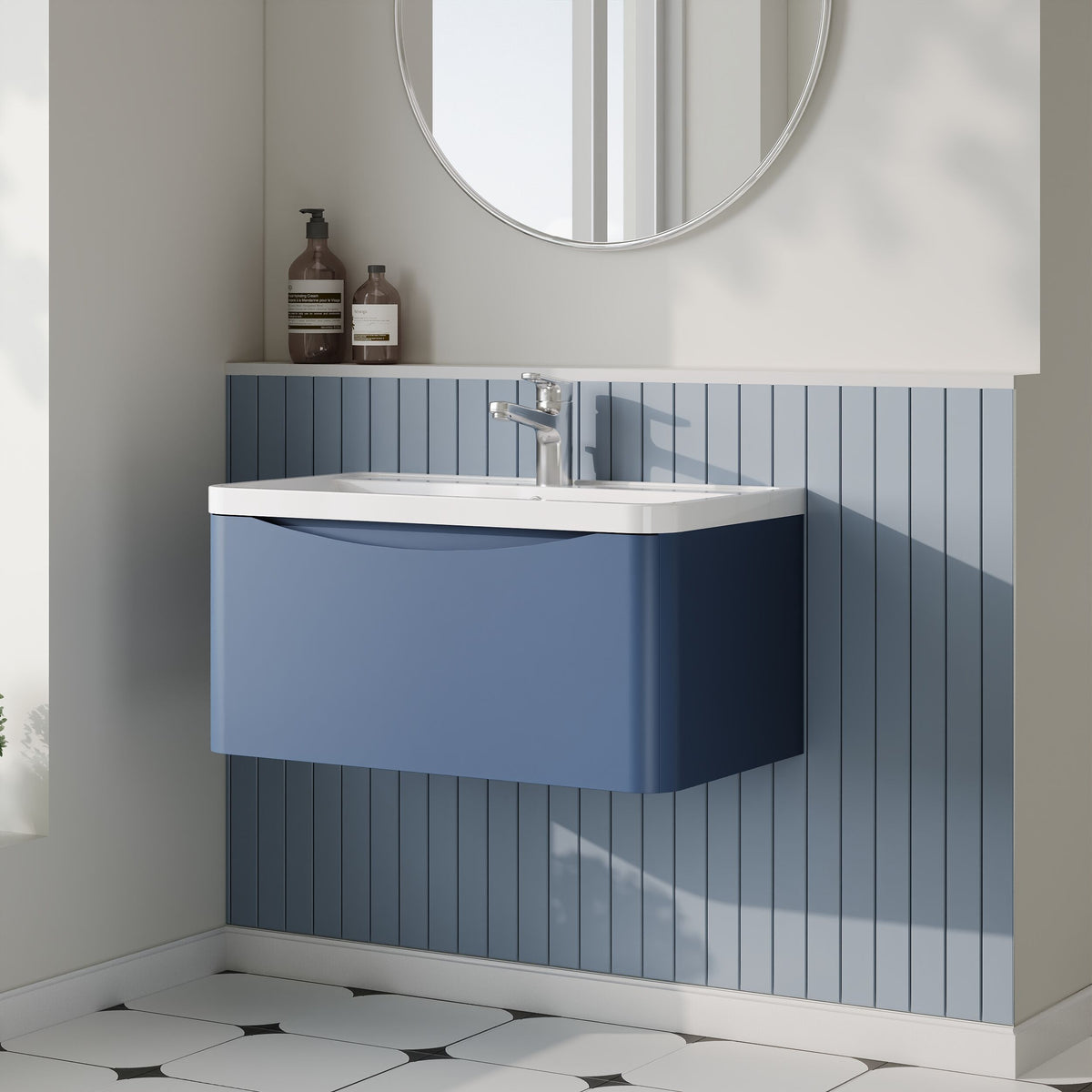 Modern Splash 800mm Satin Blue 1 Drawer Wall Hung Vanity Unit With Polymarble Basin
