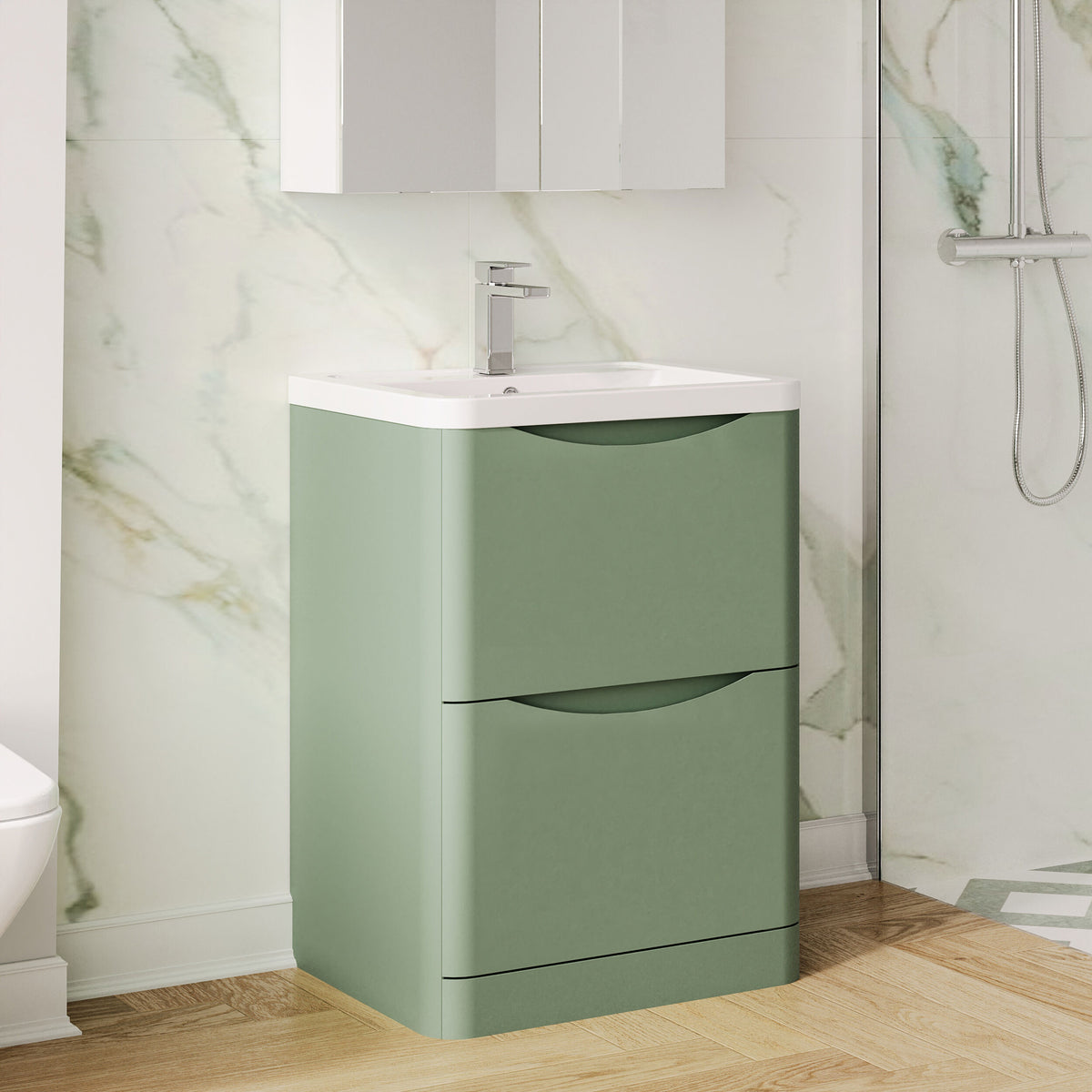 Modern Splash 600mm Satin Green 2 Drawer Floor Standing Vanity Unit With Basin