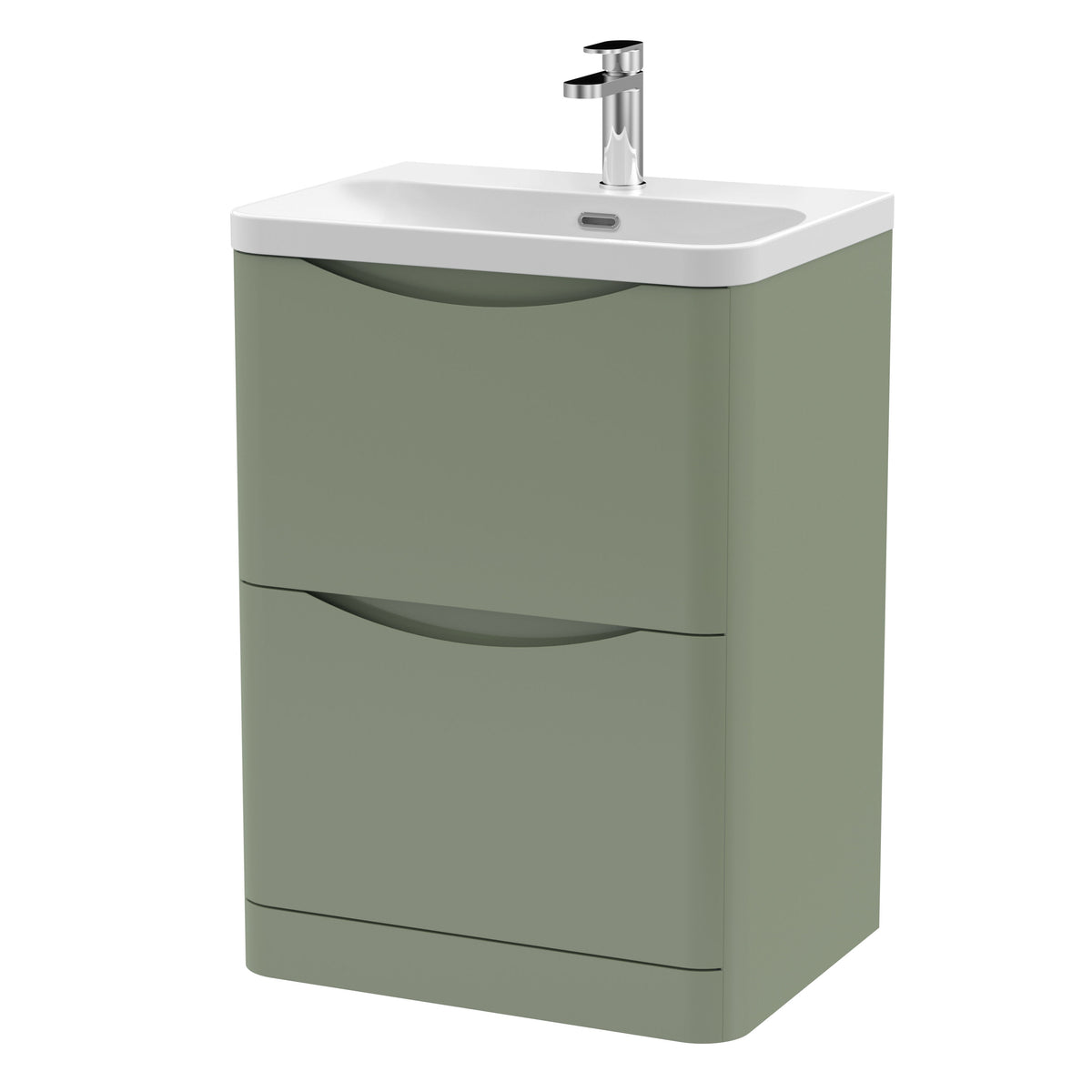 Modern Splash 600mm Satin Green 2 Drawer Floor Standing Vanity Unit With Thin Edge Basin