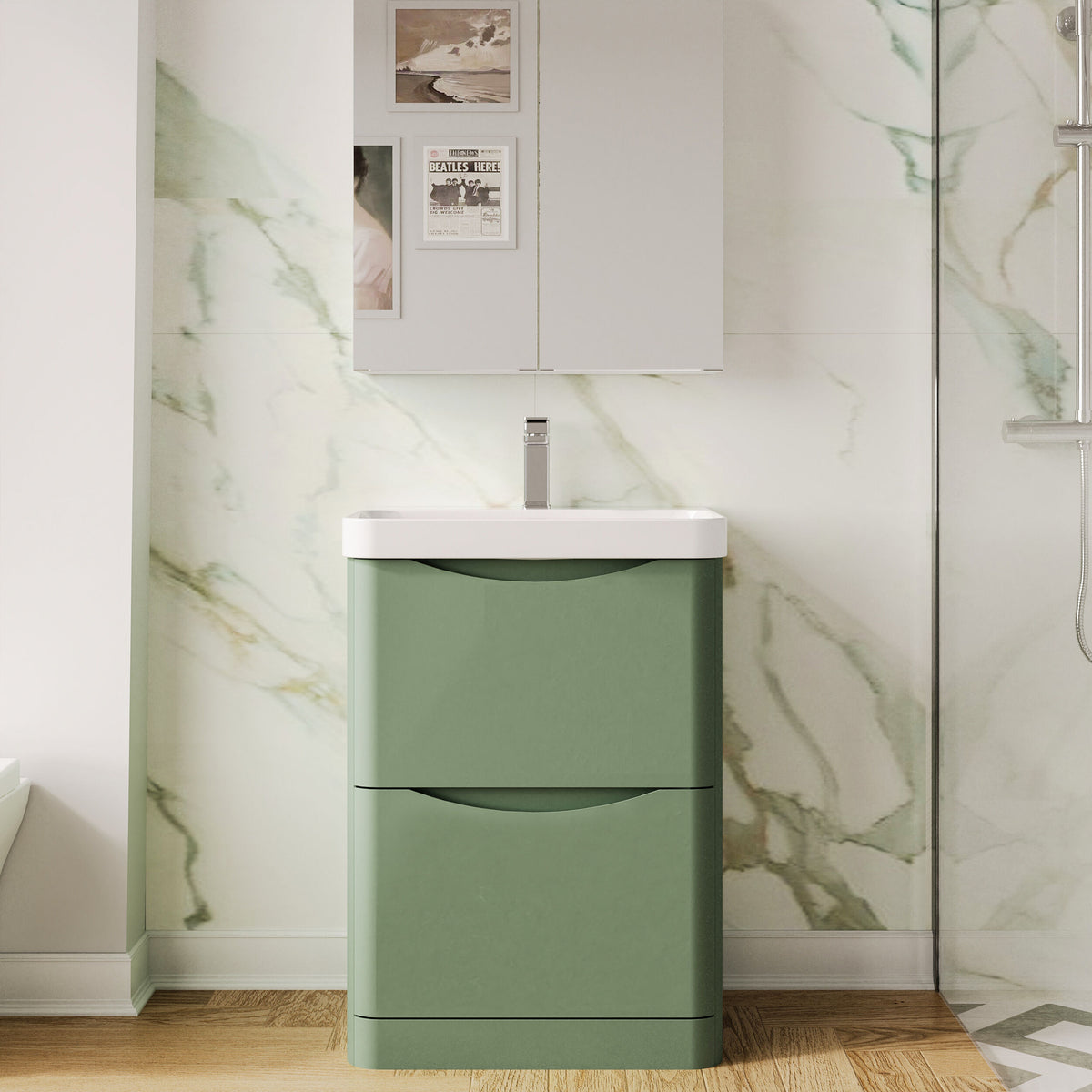 Modern Splash 600mm Satin Green 2 Drawer Floor Standing Vanity Unit With Thin Edge Basin