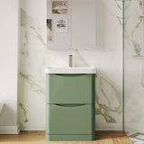 Modern Splash 600mm Satin Green 2 Drawer Floor Standing Vanity Unit With Thin Edge Basin