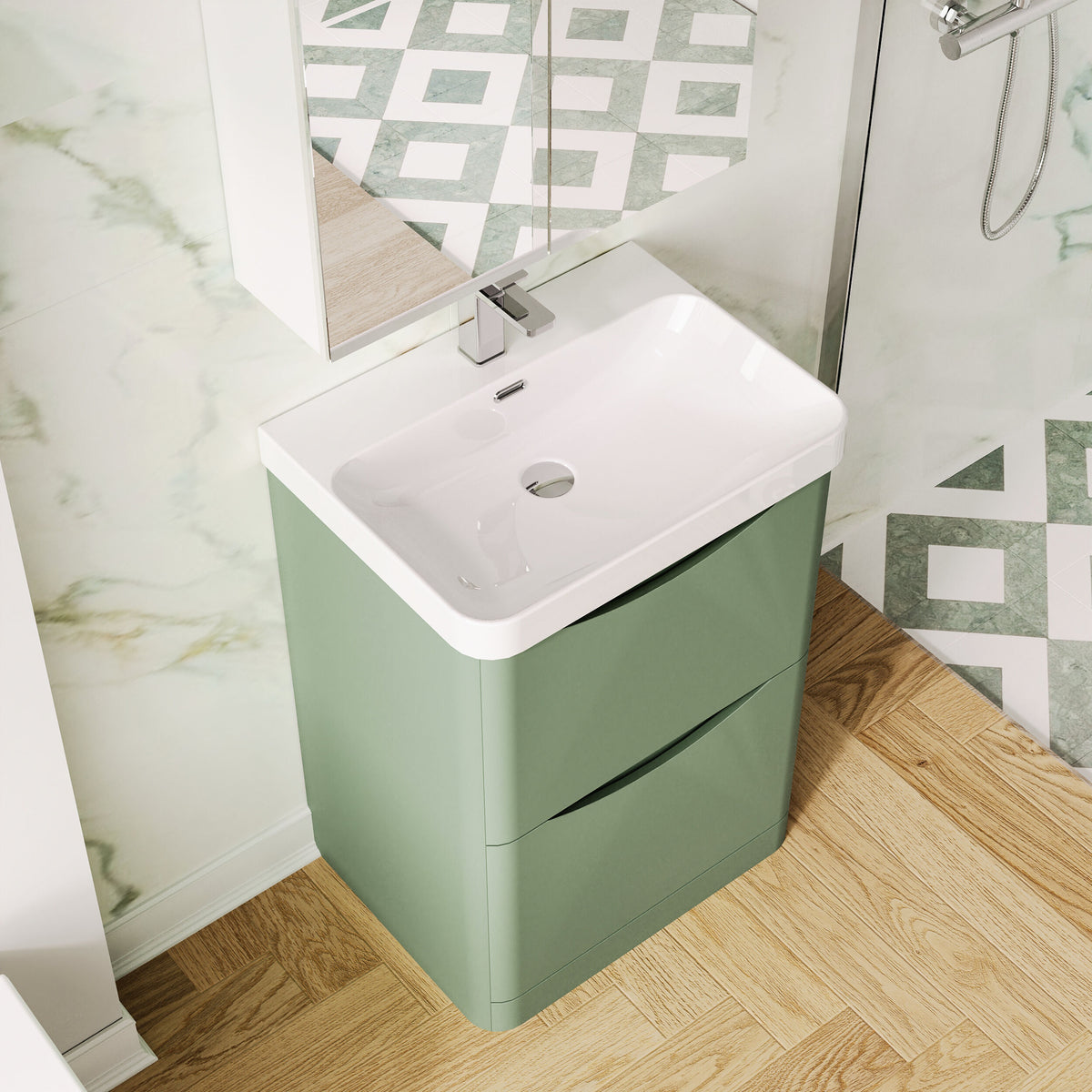 Modern Splash 600mm Satin Green 2 Drawer Floor Standing Vanity Unit With Thin Edge Basin