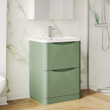 Modern Splash 600mm Satin Green 2 Drawer Floor Standing Vanity Unit With Polymarble Basin