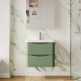 Modern Splash 600mm Satin Green 2 Drawer Wall Hung Vanity Unit With Basin