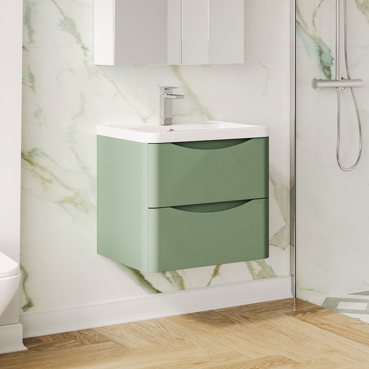 Modern Splash 600mm Satin Green 2 Drawer Wall Hung Vanity Unit With Basin