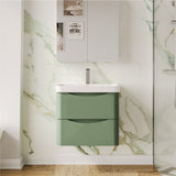 Modern Splash 600mm Satin Green 2 Drawer Wall Hung Vanity Unit With Thin Edge Basin